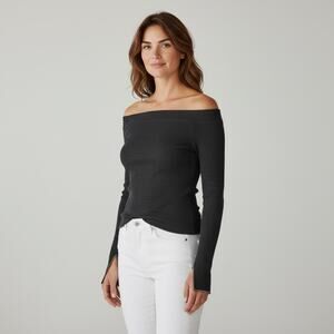 Brunello Cucinelli Off the Shoulder Cotton Monili Trim Split Cuff Top in Gray